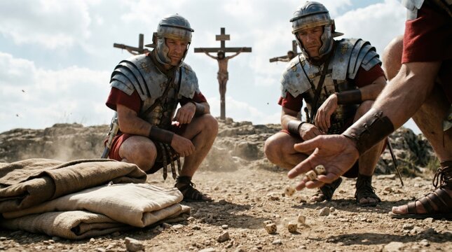 Roman soldiers casting lots for Christ&rsquo;s clothes at Good Friday in ancient Jerusalem. Biblical scene for Easter holiday.
