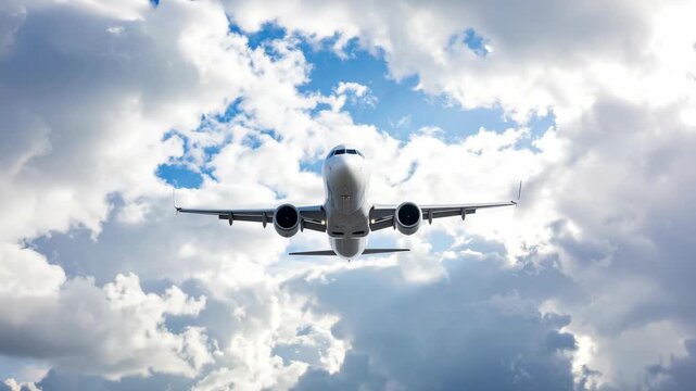 Commercial airplane approaching flying through fluffy white clouds against a blue sky