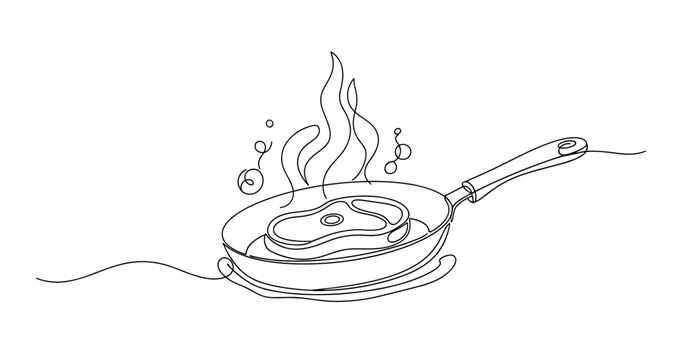 Continuous line drawing of sizzling steak cooking in a skillet. None editable stroke