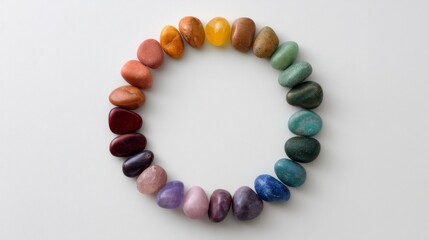 Obraz premium Tranquil Arrangement of Colorful Stones in a Circular Pattern on a Minimalist Background for Serene and Calming Visuals