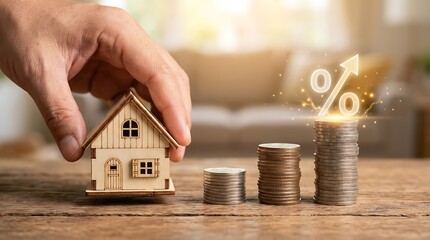 Hand placing house model on coin stacks.
