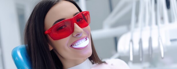 The dental patient smiling during teeth whitening appointment in modern dental clinic