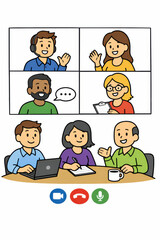 Friendly online video conference cartoon showing diverse coworkers chatting waving and collaborating in a virtual meeting for remote teamwork communication education and community building