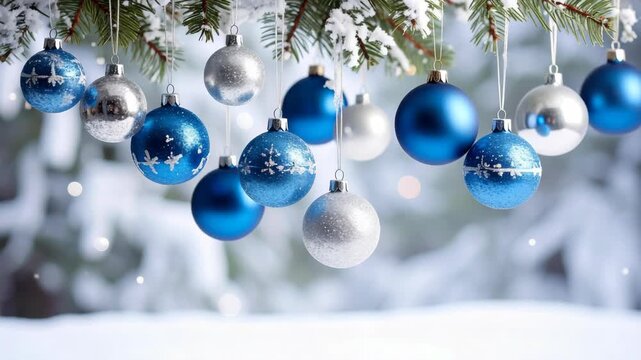 Festive blue and silver baubles hanging on snow-covered pine branches for Christmas