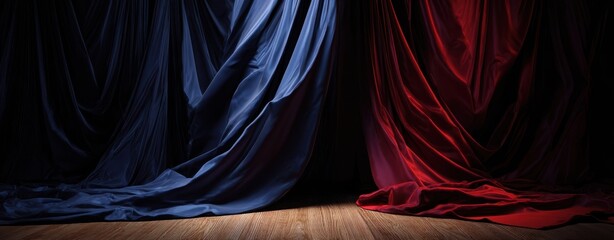 The Curtains Partially Drawn on a Wooden Stage Under Dramatic Blue and Red Lighting