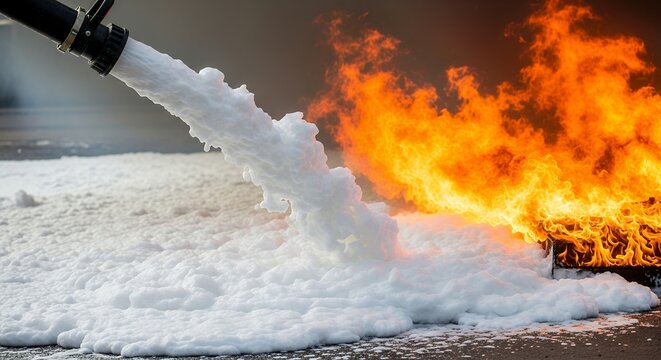 A fire hose is spraying water onto a fire. The water is coming out of the hose at a high pressure