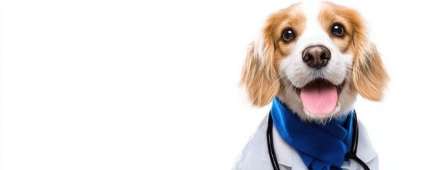 The dog dressed as a veterinarian wearing a stethoscope and blue scarf smiling