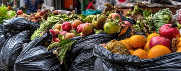 The fruit-filled black bags on a crowded urban market street overflowing with discarded produce