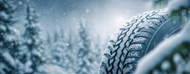 The Tire in Snowy Forest Emphasizing Tread and Winter Traction for Vehicles