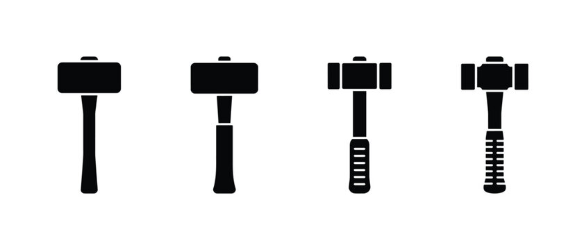 Minimal hammer silhouette icon set on white background, Black tool vector collection