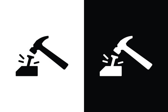 Minimalist hammer hitting nail icon on split black and white background