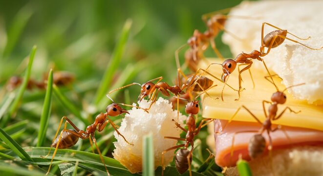 Ants working together to carry food on grass