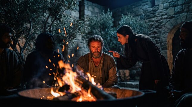 Woman accusing man by fire on Holy Thursday, a religious Last Supper betrayal. Easter, Christian, evangelical concept.