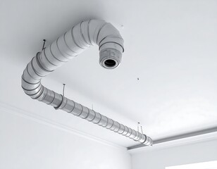 Gray metal ductwork suspended from a clean white ceiling