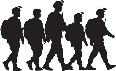 Obraz premium Military squad walking in line silhouette illustration vector group soldiers on mission