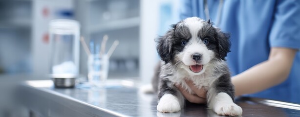 The Puppy at the Veterinary Clinic During a Friendly Health Check with a Smiling Technician