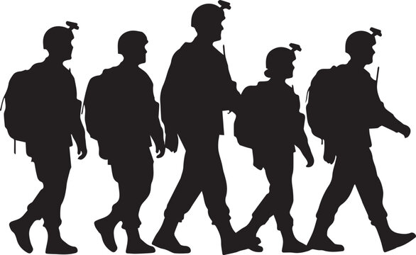 Military squad walking in line silhouette illustration vector group soldiers on mission