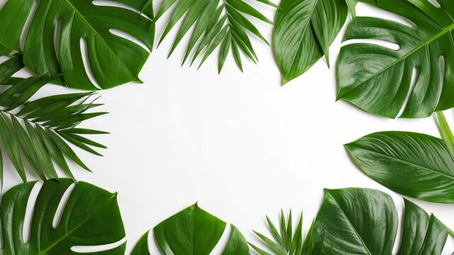 Tropical Monstera and Palm Leaves Arranged on White Background for Copy Space