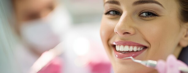 The smiling woman receiving dental treatment with dentist and instruments in clinic
