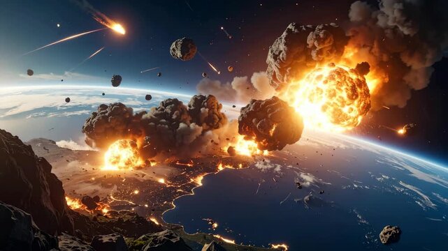 Massive asteroid impacts cause widespread destruction and fiery explosions across planet's surface