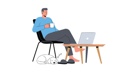 Man sitting with laptop and coffee isolated on transparent background