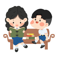 Fototapeta premium Cheerful Student Children Reading Books On Bench