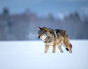 Gray wolf walks through snowy field, breath visible, misty background