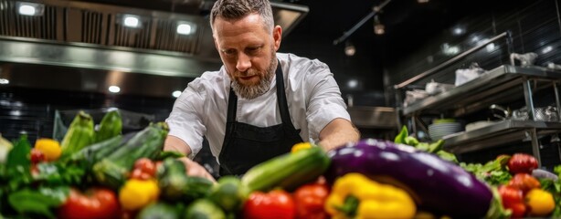 The Chef Preparing Vibrant Fresh Vegetables on a Stainless Steel Counter in a Commercial Kitchen
