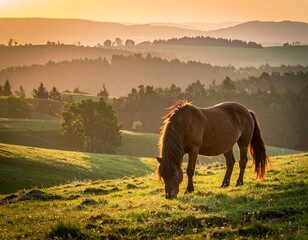 Grazing equine silhouette with sun-kissed mane set against rolling hills