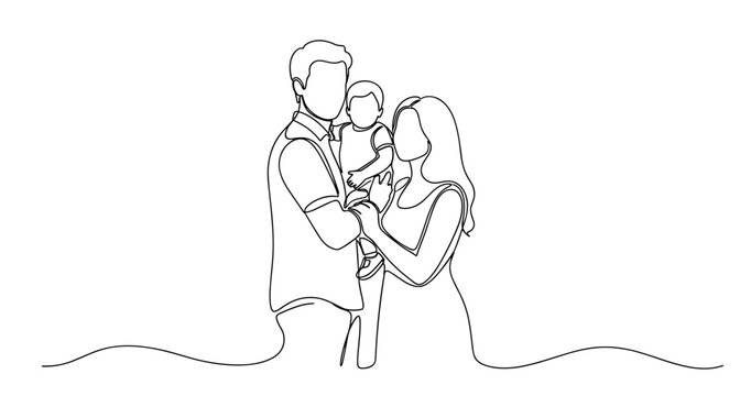 Line art of caucasian family with male adult, female adult, and child. No editable stroke