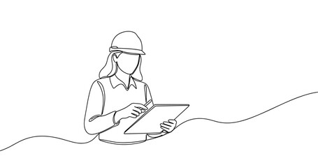 Female engineer with tablet in hand, line art illustration. No editable stroke