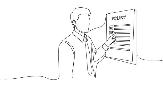 Outline drawing of male reviewing policy document. No editable stroke