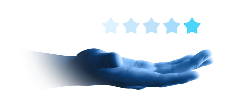 Hand showing five star rating for best quality service review and feedback success