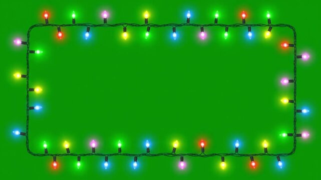Rectangular Frame of Multicolored Christmas Lights on Green Background &ndash; Vibrant Holiday Decoration Concept