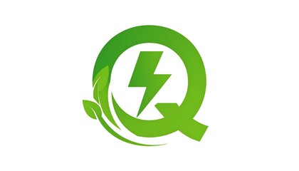 Green energy logo showing a lightning bolt in a "Q" with leaves