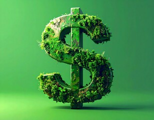 Green dollar symbol covered in foliage against a solid green background