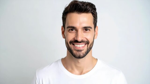 A man with a beard smiles confidently at the camera in a studio portrait