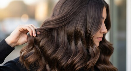 Fototapeta premium A woman with long brown hair touching her locks