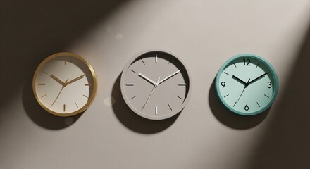 Concept flatlay: three color clocks for morning/mid/evening peaks