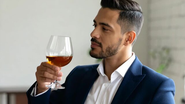 Man in Suit Holding a Brandy Snifter with Amber Liquid