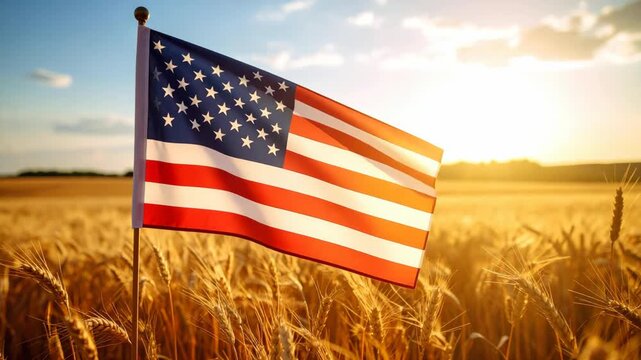 American flag waving in a golden wheat field at sunset with bright sun flares