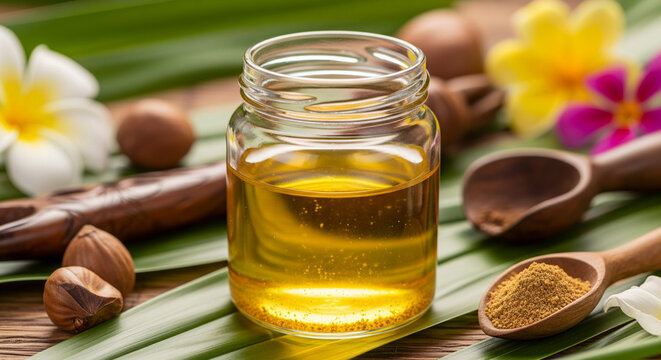 Kukui oil settling with fine white particles collecting at the bottom of a jar among natural elements