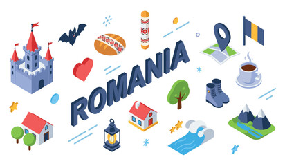 Naklejka premium Colorful romanian isometric icons featuring cultural and natural symbols