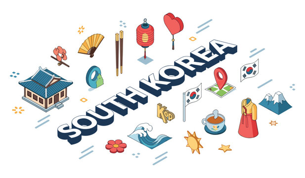 South korea symbols: traditional icons and landmarks in isometric design