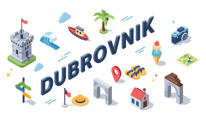 Naklejka premium Dubrovnik travel icons: illustrations of landmark, culture, and recreation