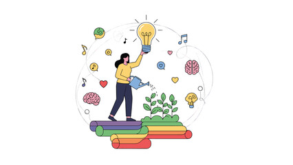 Innovative woman watering a garden of growing ideas while holding a glowing lightbulb to symbolize nurturing creativity and growth.