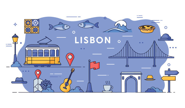 Lisbon icons: tram, bridge, ocean, and traditional portuguese symbols