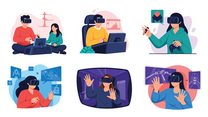 Collection of people using virtual reality technology for gaming and professional data visualization in various modern lifestyle and work settings.
