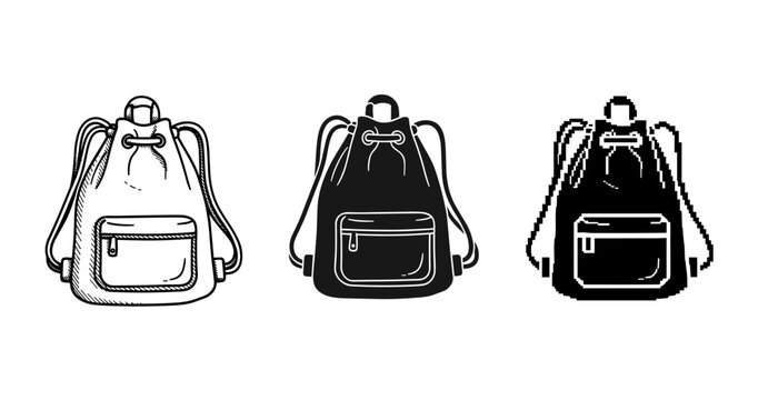 Three styles of backpack illustration in sketch, black and pixel art
