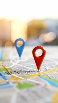 Two location pins on a city map with soft bokeh background